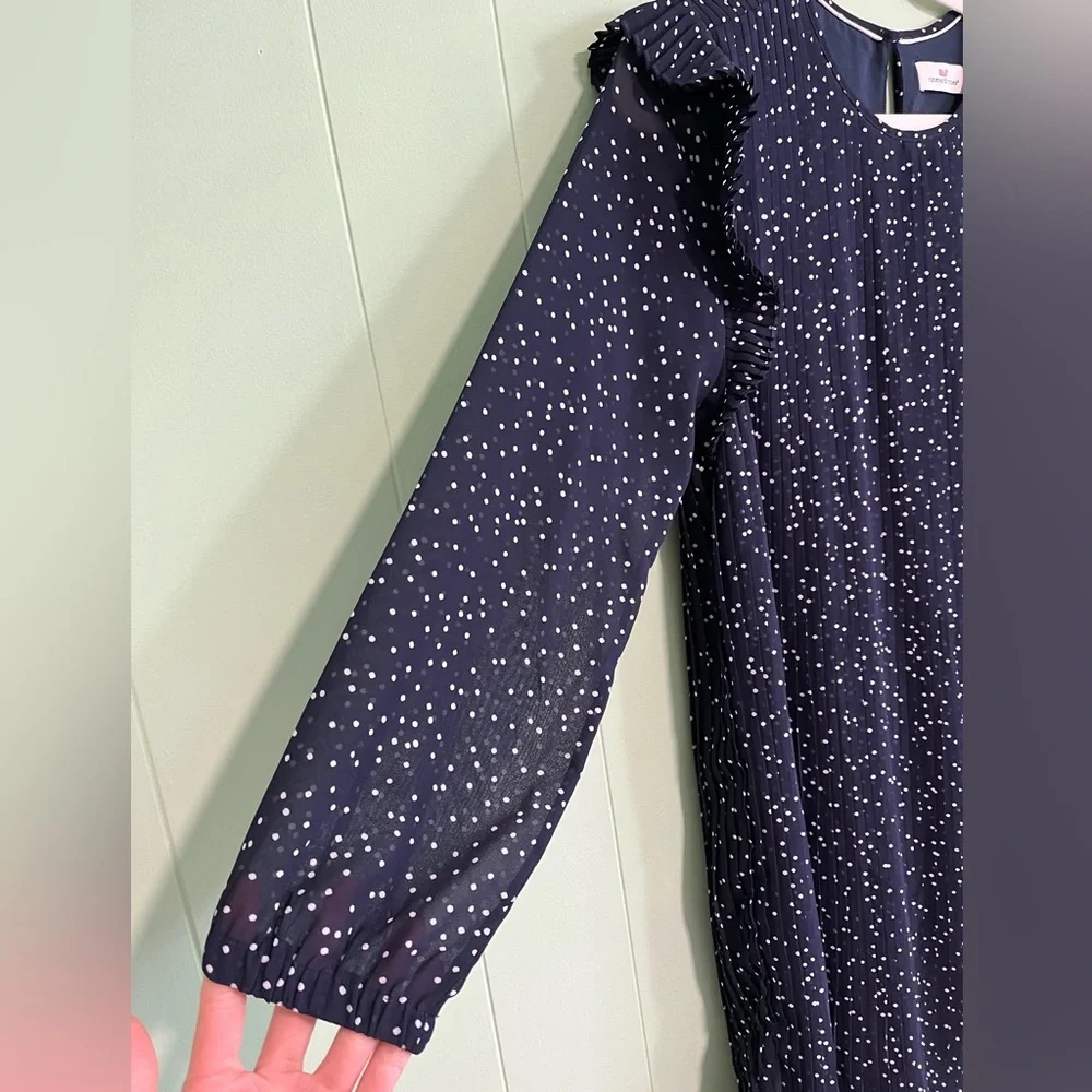 VINEYARD VINES Girls' Polka Dot Pleated Dress Navy Blue Flutter Sleeves …
